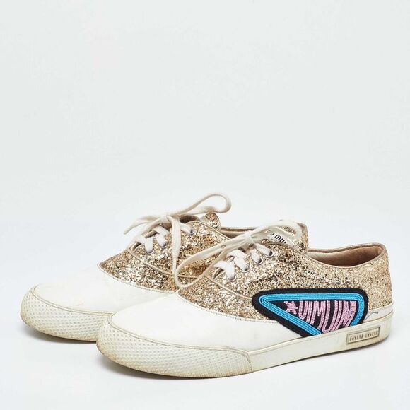 Miu Miu White/gold Leather And Glitter Low Top Sneakers Size 41